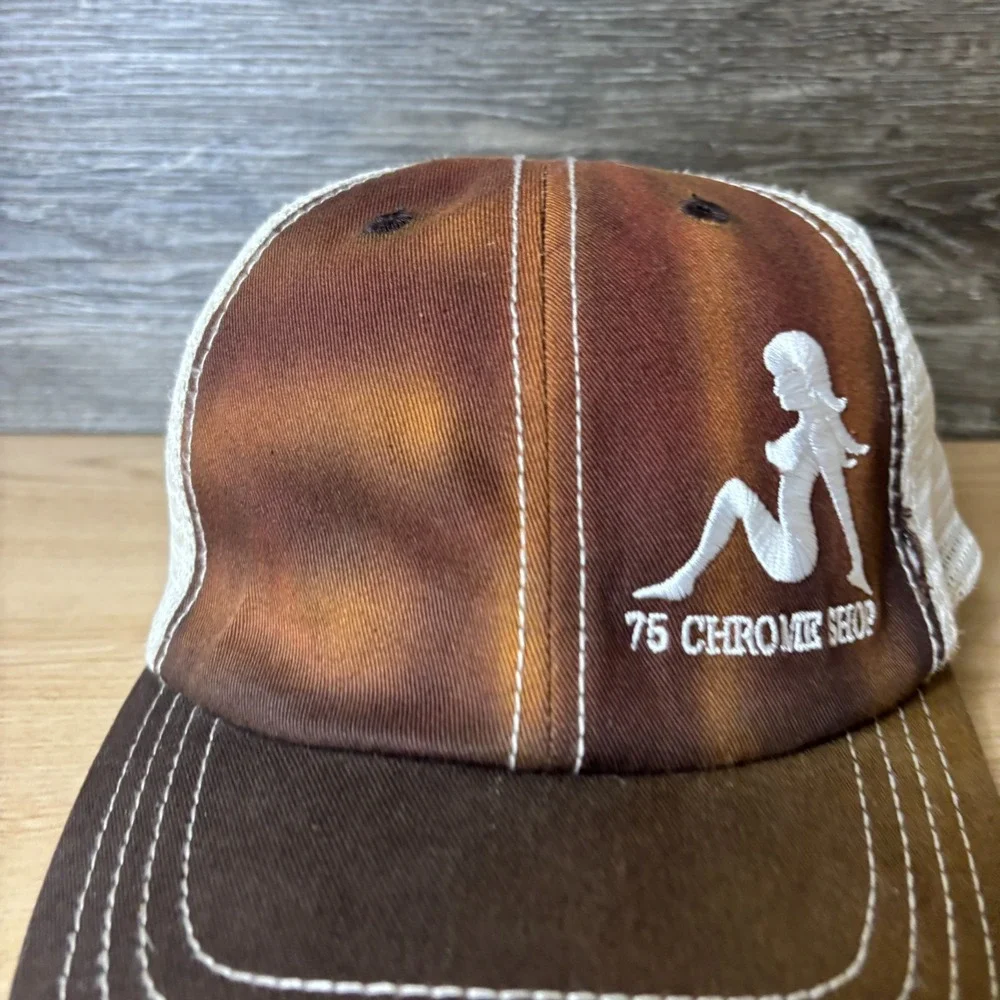 75 Chrome Shop Hat Cap Strap Back Brown Faded Distressed Adjustable